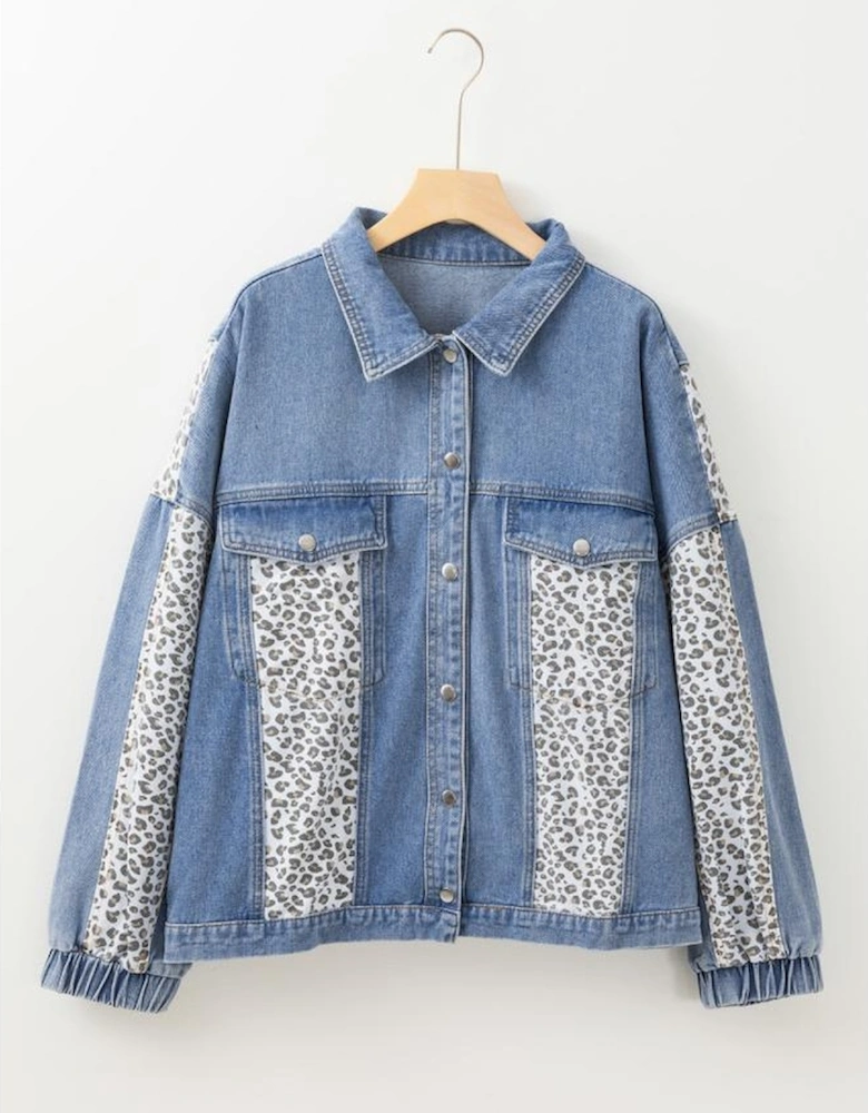 Beau Blue Leopard Patchwork Flap Detail Plus Size Denim Jacket