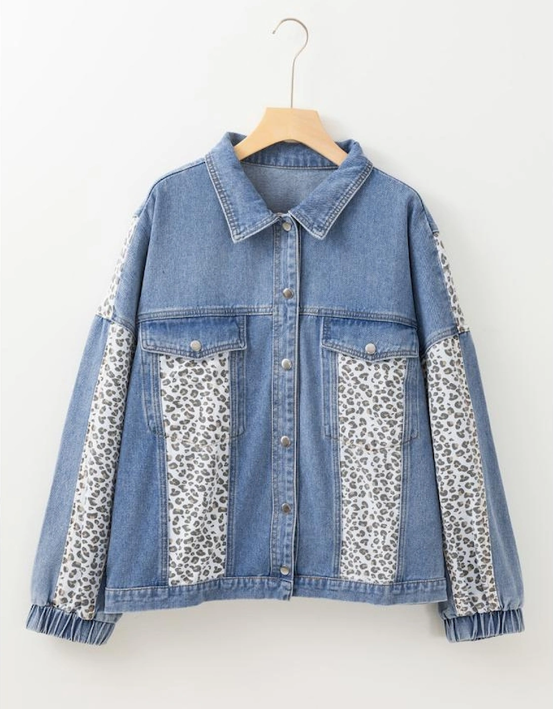Beau Blue Leopard Patchwork Flap Detail Plus Size Denim Jacket