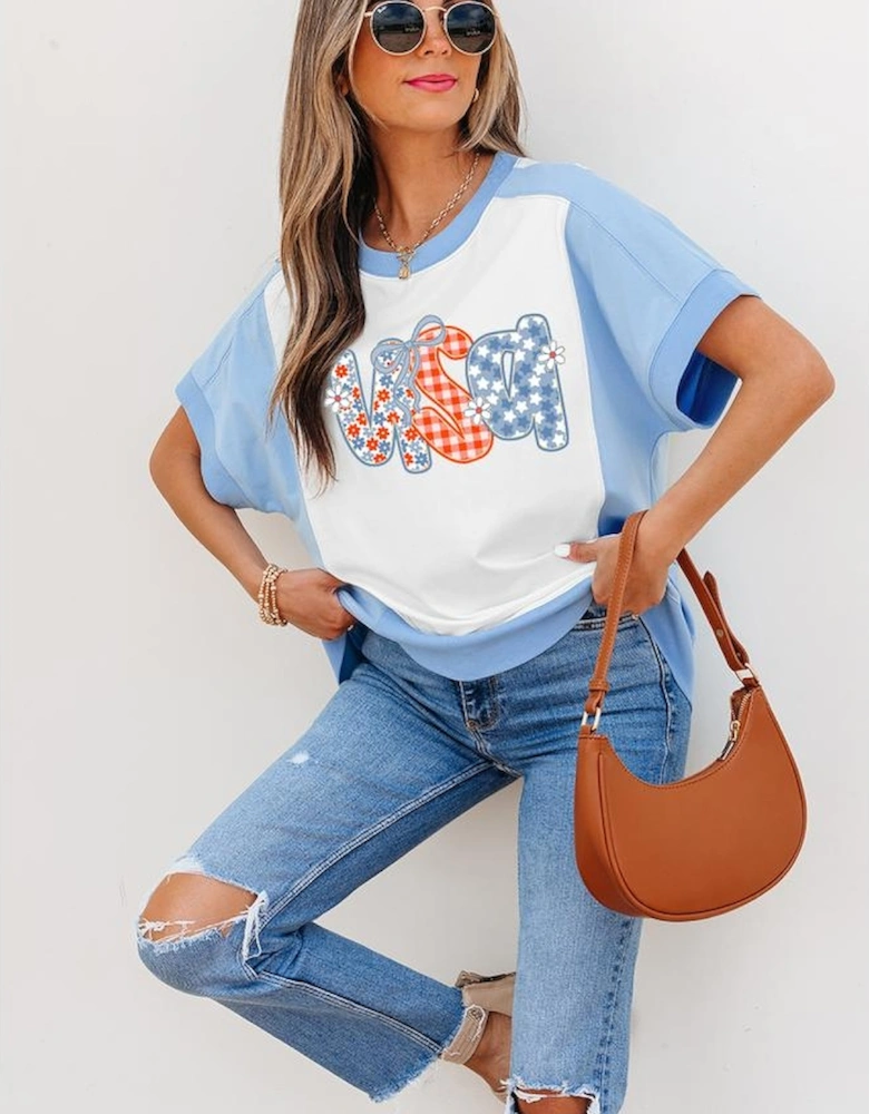 Sky Blue Star Plaid Flower USA Graphic Color Block Crewneck T Shirt