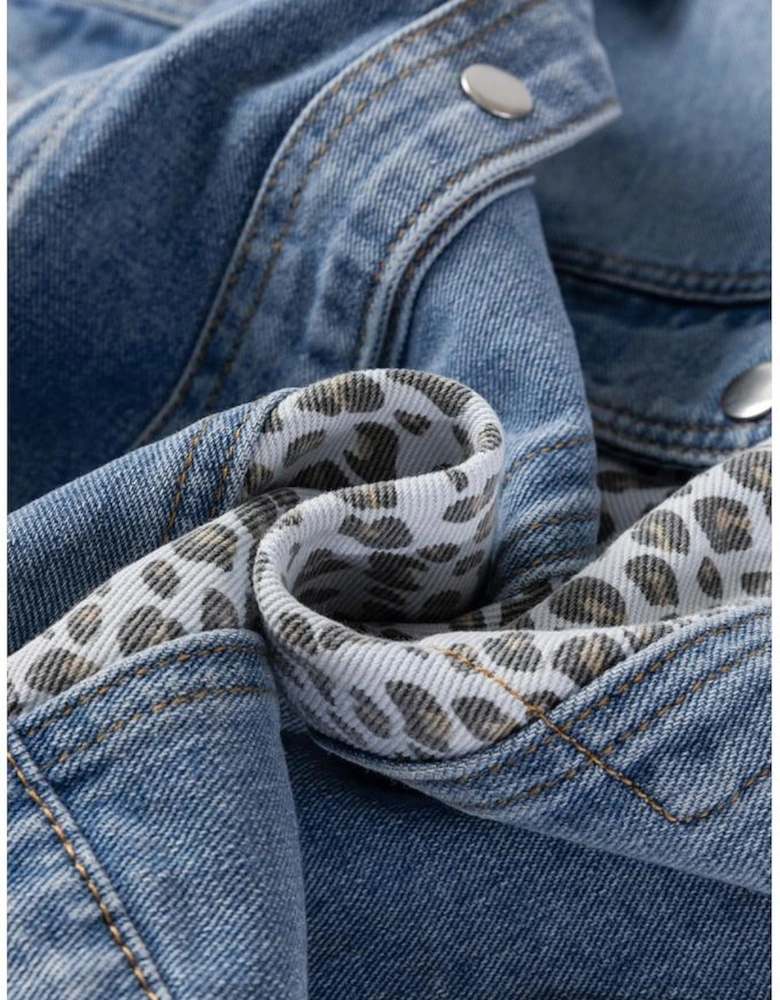 Beau Blue Leopard Patchwork Flap Detail Plus Size Denim Jacket