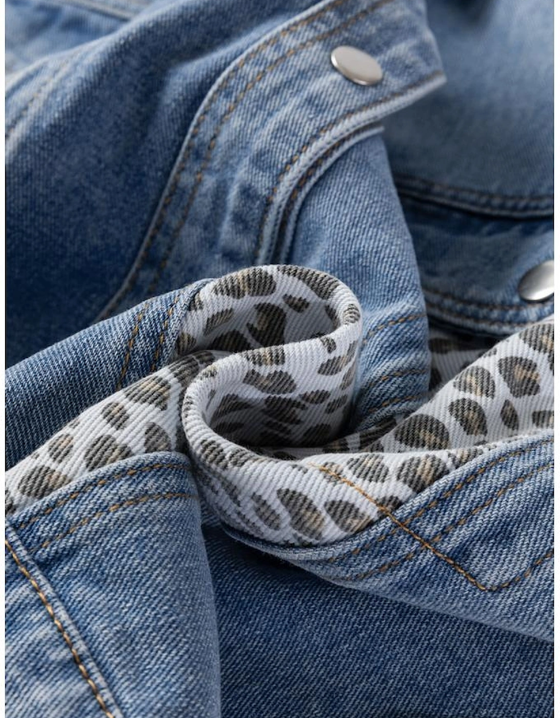 Beau Blue Leopard Patchwork Flap Detail Plus Size Denim Jacket