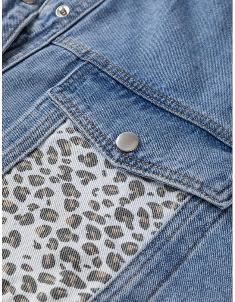Beau Blue Leopard Patchwork Flap Detail Plus Size Denim Jacket