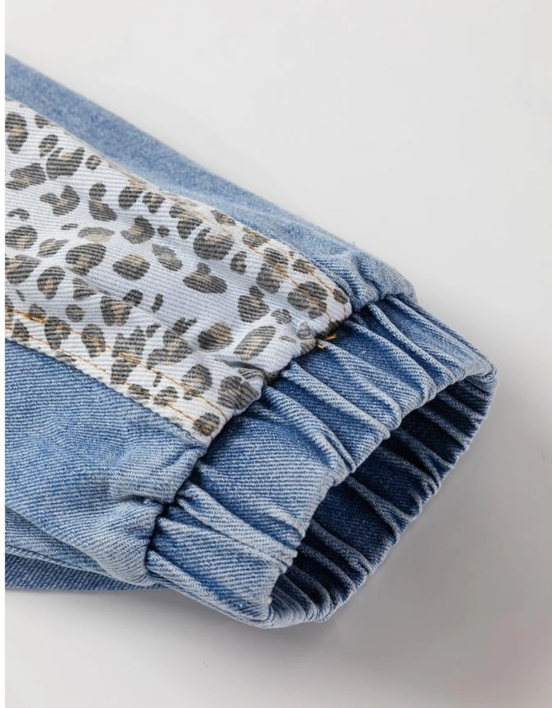 Beau Blue Leopard Patchwork Flap Detail Plus Size Denim Jacket