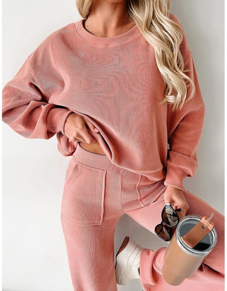 Blossom Ribbed Knit Drop Shoulder Pocketed Two Piece Lounge Set