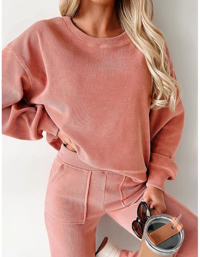 Blossom Ribbed Knit Drop Shoulder Pocketed Two Piece Lounge Set