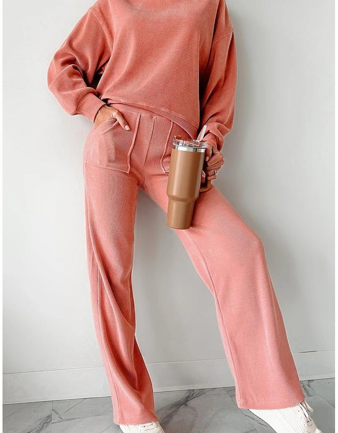 Blossom Ribbed Knit Drop Shoulder Pocketed Two Piece Lounge Set