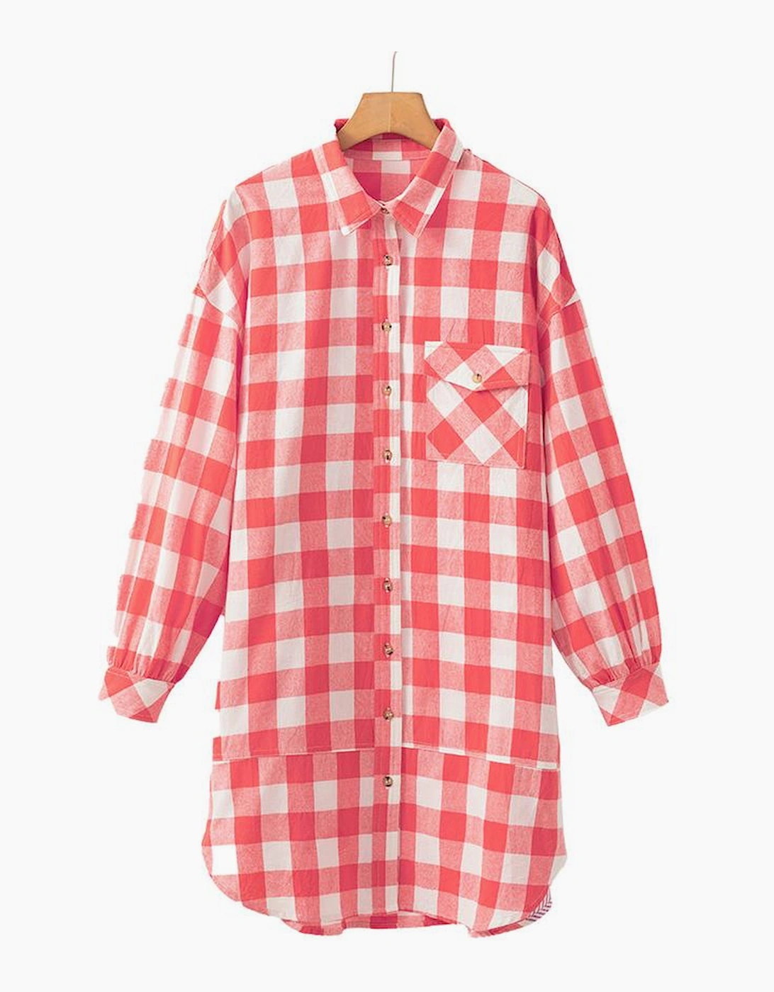 Pink Oversized Plaid Puff Sleeve Round Hem Shirt Dress