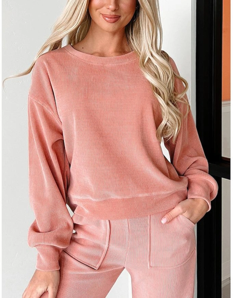 Blossom Ribbed Knit Drop Shoulder Pocketed Two Piece Lounge Set