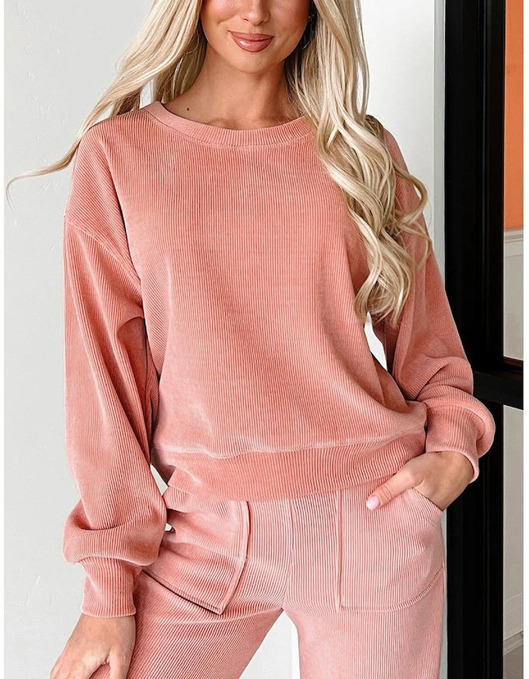 Blossom Ribbed Knit Drop Shoulder Pocketed Two Piece Lounge Set, 13 of 12