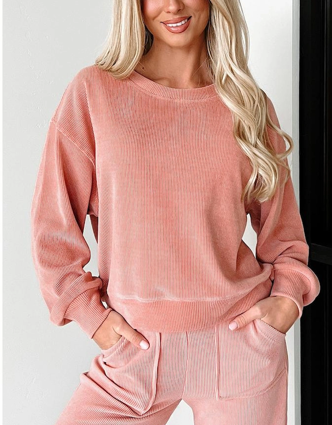 Blossom Ribbed Knit Drop Shoulder Pocketed Two Piece Lounge Set