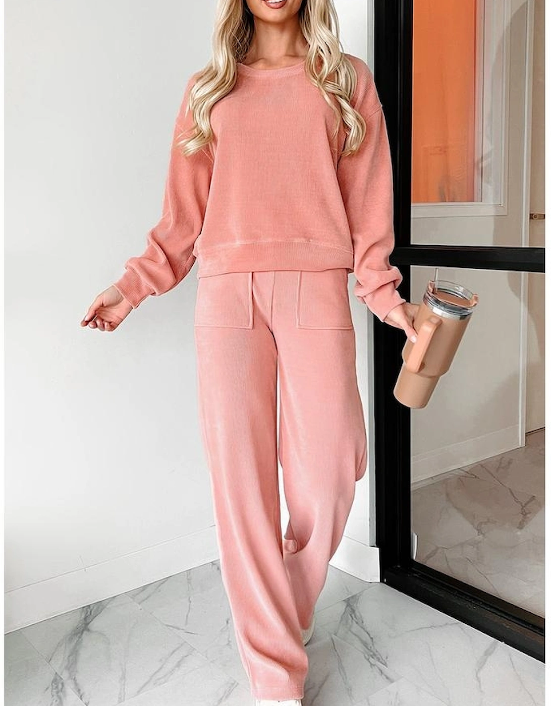 Blossom Ribbed Knit Drop Shoulder Pocketed Two Piece Lounge Set