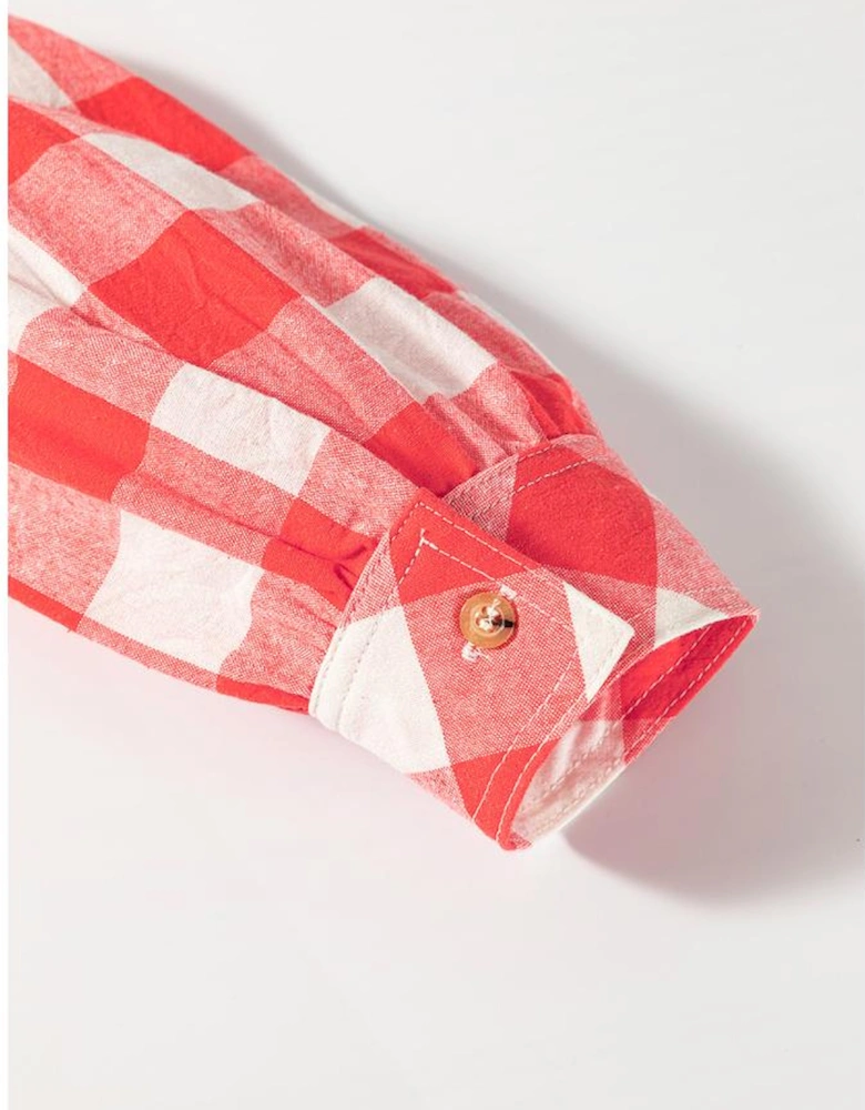 Pink Oversized Plaid Puff Sleeve Round Hem Shirt Dress