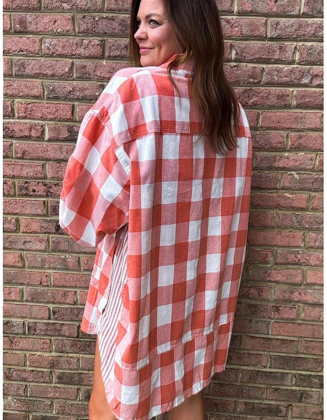 Pink Oversized Plaid Puff Sleeve Round Hem Shirt Dress