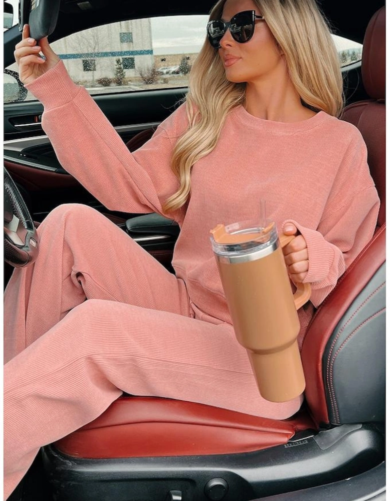 Blossom Ribbed Knit Drop Shoulder Pocketed Two Piece Lounge Set