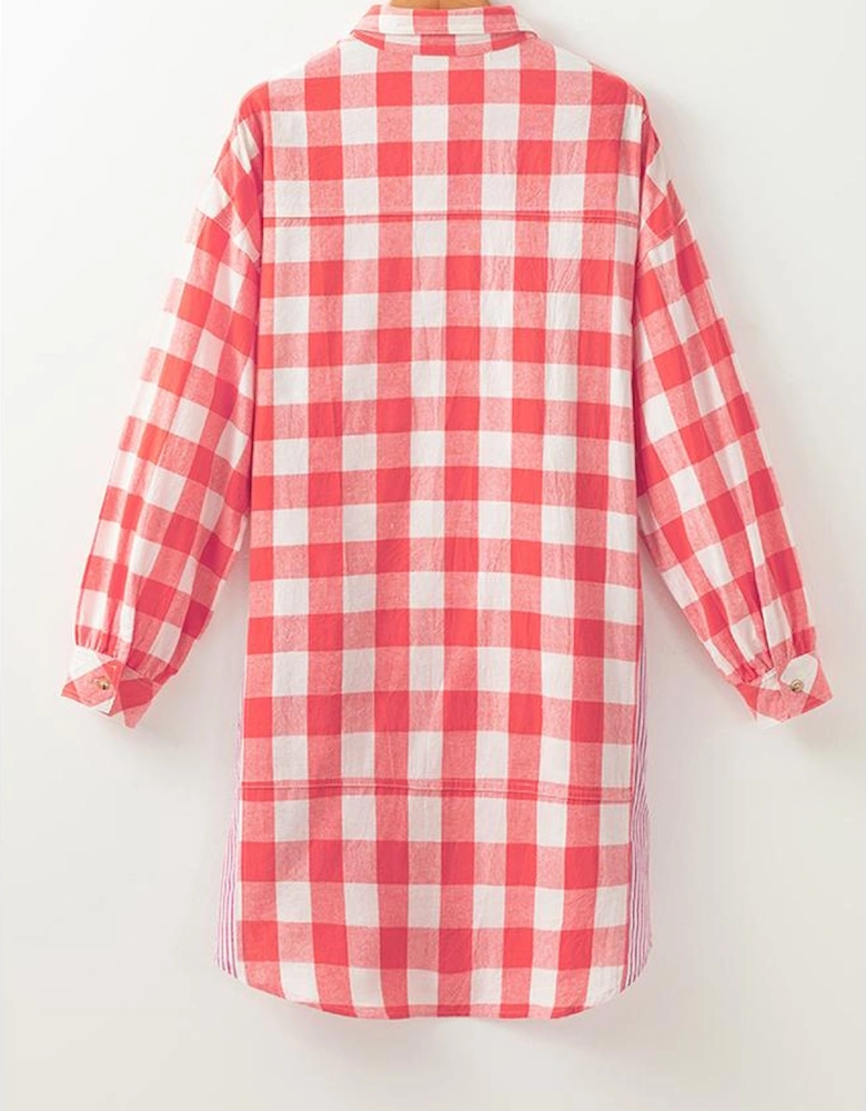 Pink Oversized Plaid Puff Sleeve Round Hem Shirt Dress