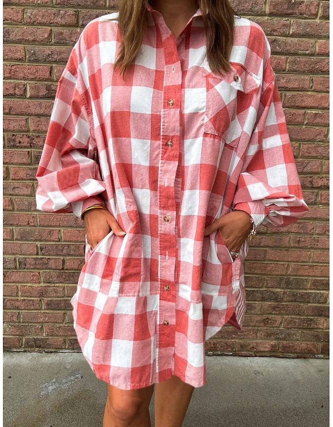 Pink Oversized Plaid Puff Sleeve Round Hem Shirt Dress
