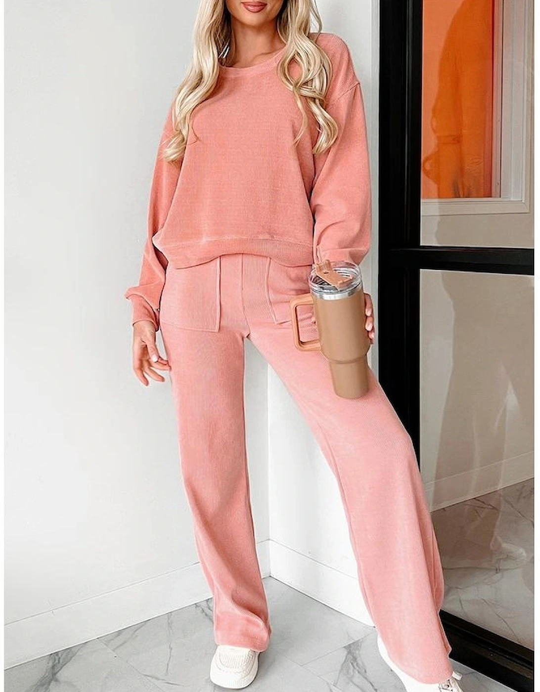 Blossom Ribbed Knit Drop Shoulder Pocketed Two Piece Lounge Set