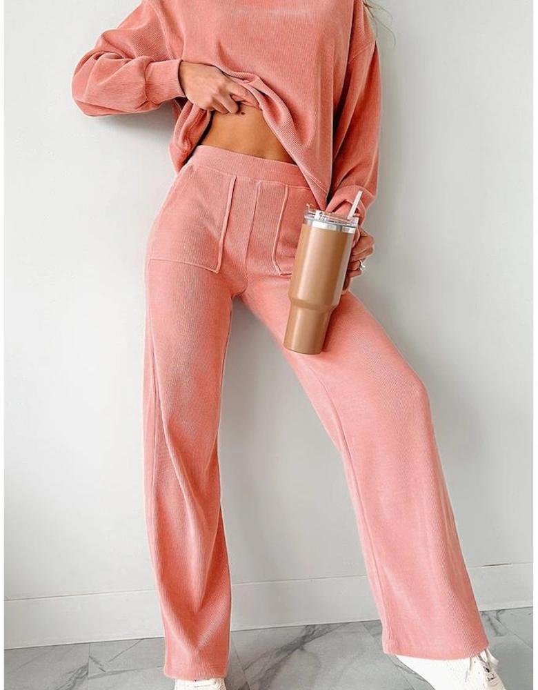 Blossom Ribbed Knit Drop Shoulder Pocketed Two Piece Lounge Set