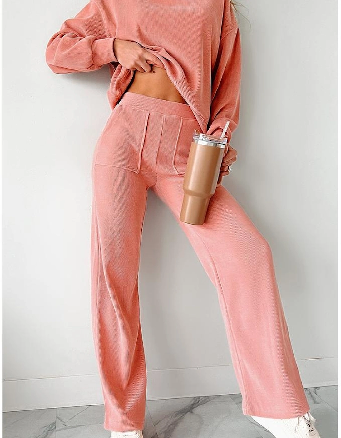 Blossom Ribbed Knit Drop Shoulder Pocketed Two Piece Lounge Set