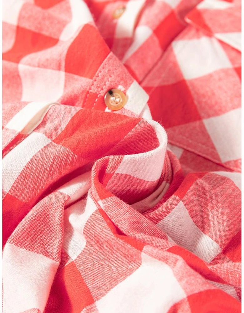 Pink Oversized Plaid Puff Sleeve Round Hem Shirt Dress