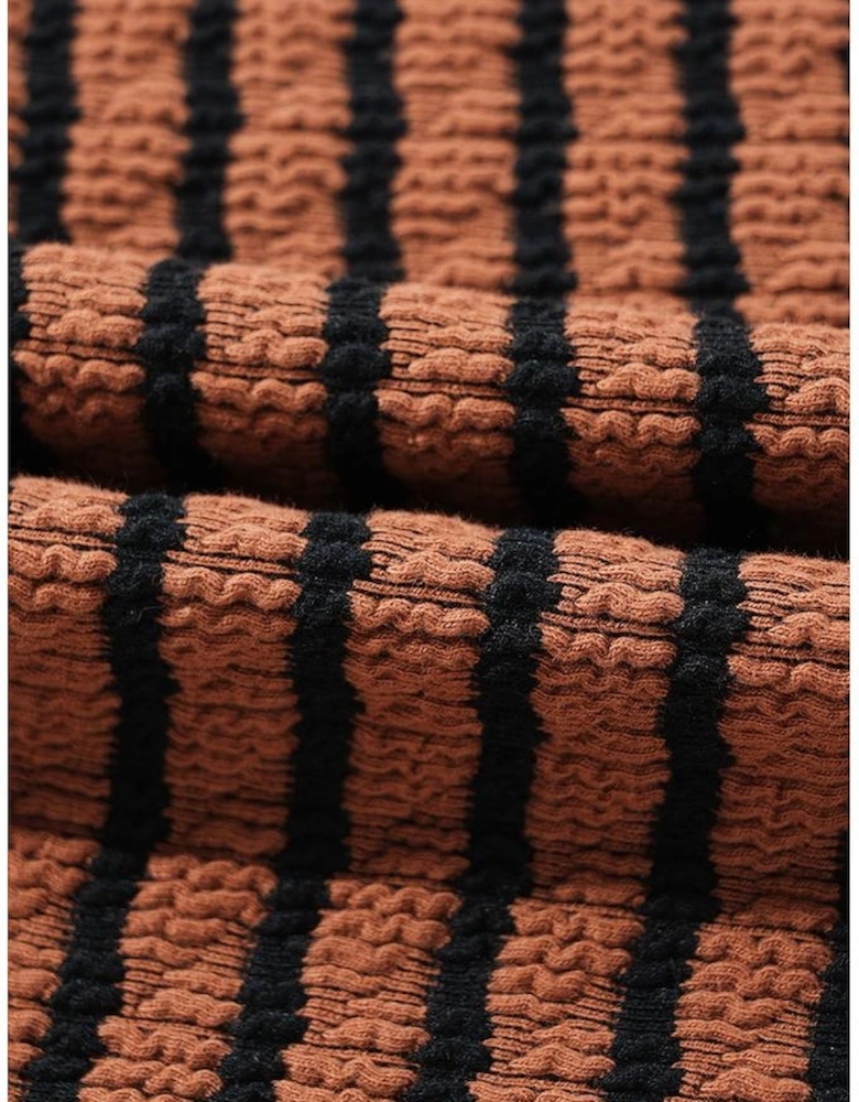 Brown Stripe Textured Frilly Trim Buttons Henley Long Sleeve Top