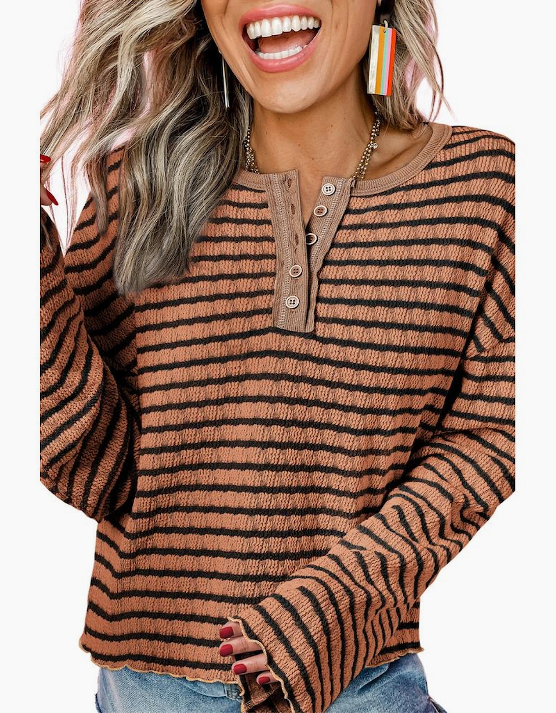 Brown Stripe Textured Frilly Trim Buttons Henley Long Sleeve Top