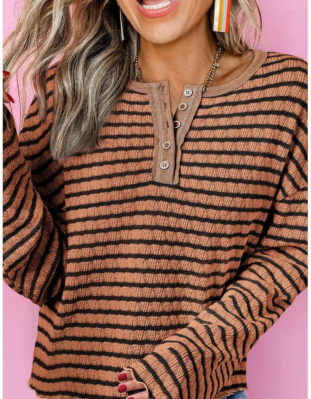 Brown Stripe Textured Frilly Trim Buttons Henley Long Sleeve Top