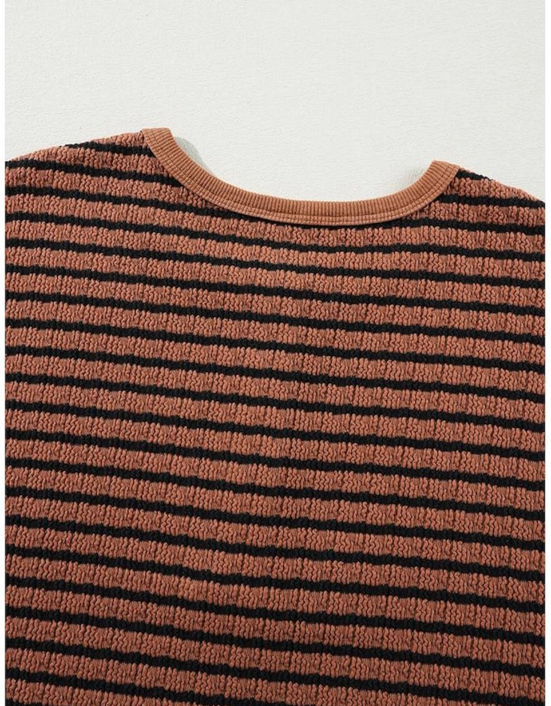 Brown Stripe Textured Frilly Trim Buttons Henley Long Sleeve Top