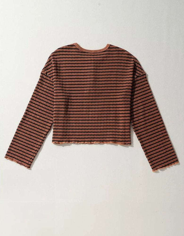 Brown Stripe Textured Frilly Trim Buttons Henley Long Sleeve Top
