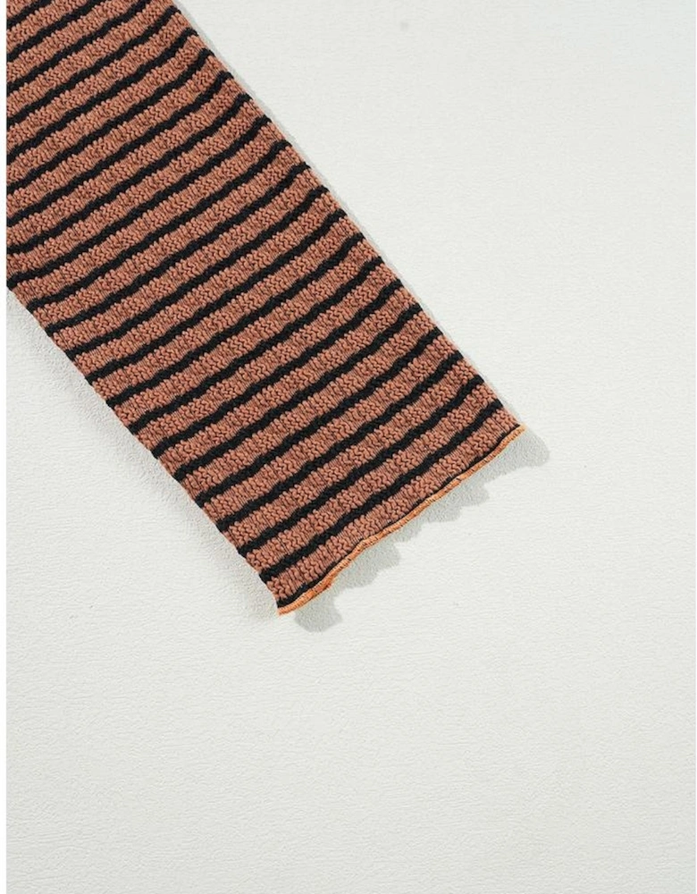 Brown Stripe Textured Frilly Trim Buttons Henley Long Sleeve Top