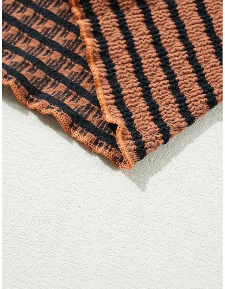 Brown Stripe Textured Frilly Trim Buttons Henley Long Sleeve Top