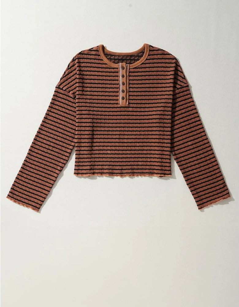 Brown Stripe Textured Frilly Trim Buttons Henley Long Sleeve Top