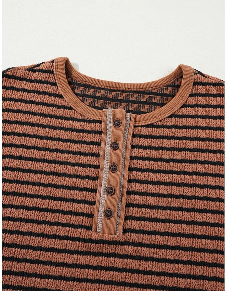 Brown Stripe Textured Frilly Trim Buttons Henley Long Sleeve Top