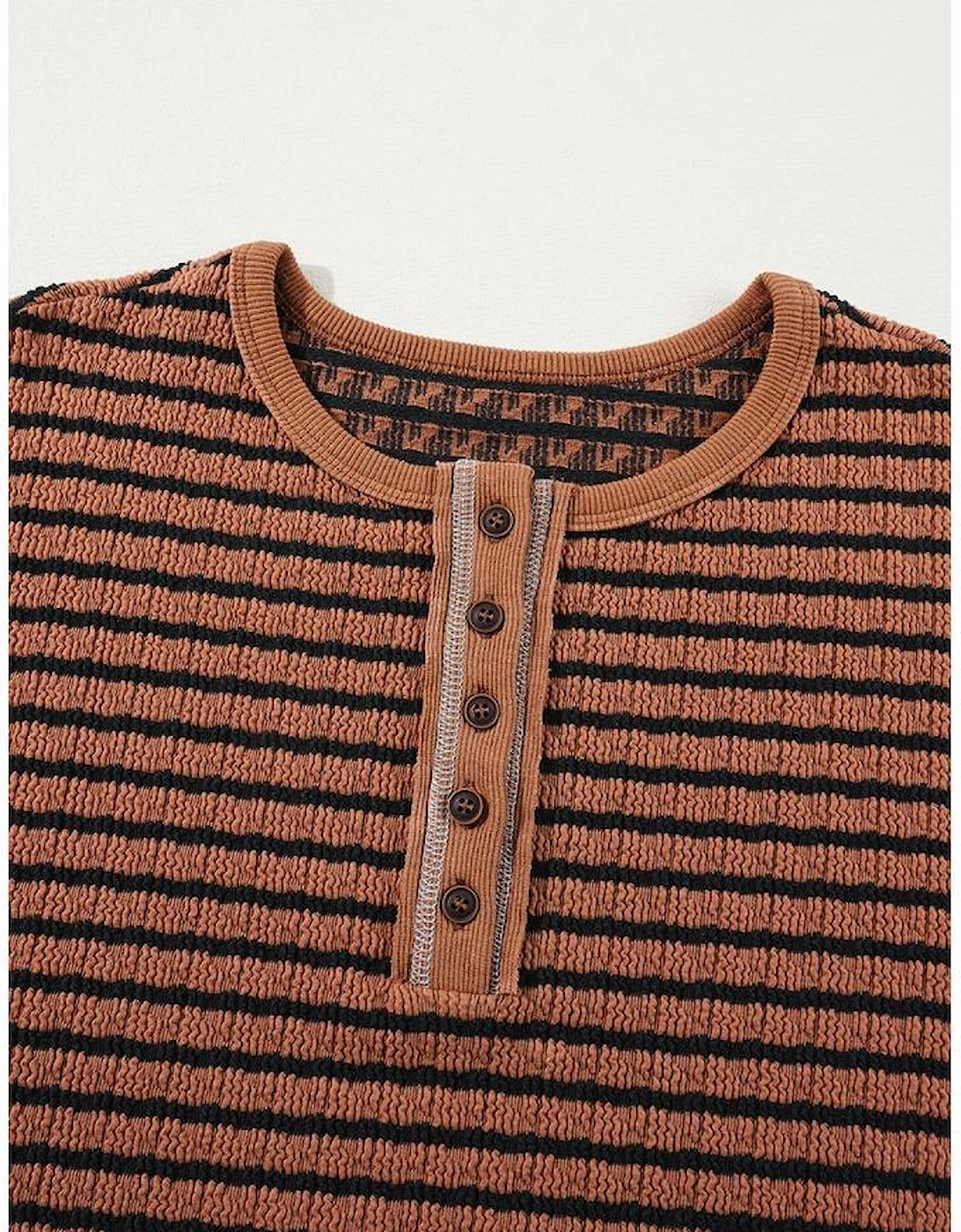 Brown Stripe Textured Frilly Trim Buttons Henley Long Sleeve Top