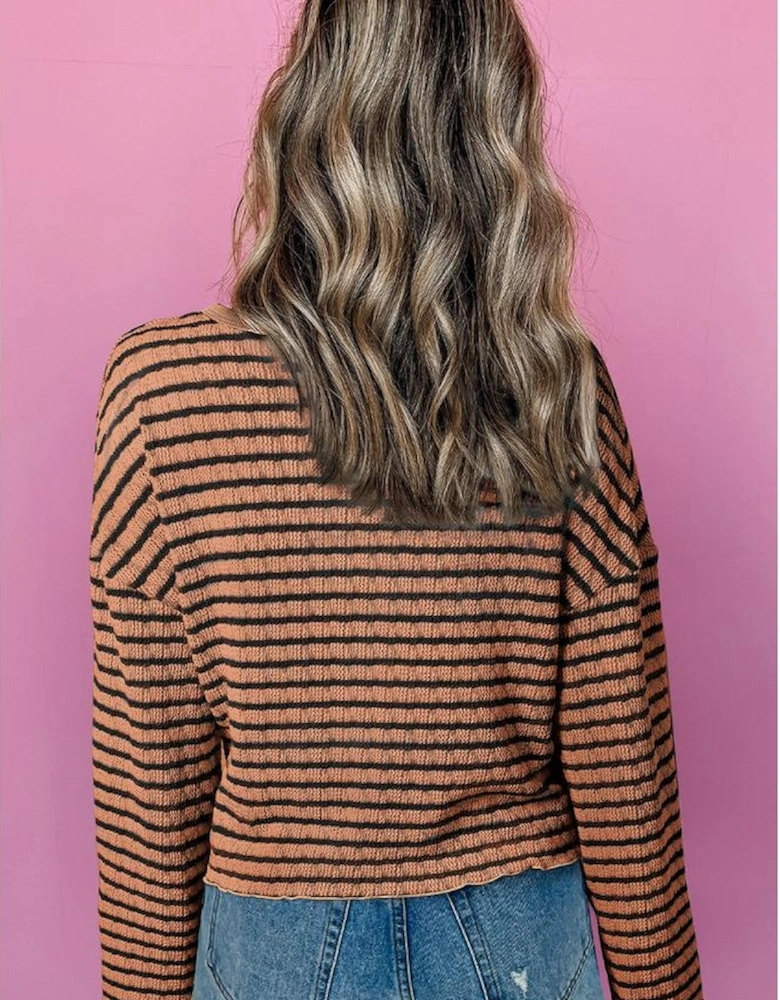 Brown Stripe Textured Frilly Trim Buttons Henley Long Sleeve Top