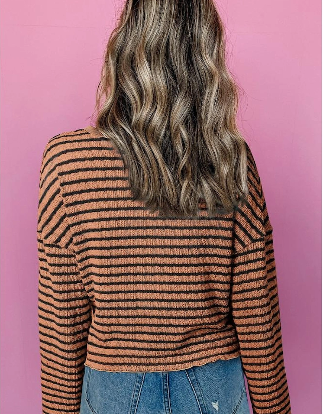 Brown Stripe Textured Frilly Trim Buttons Henley Long Sleeve Top