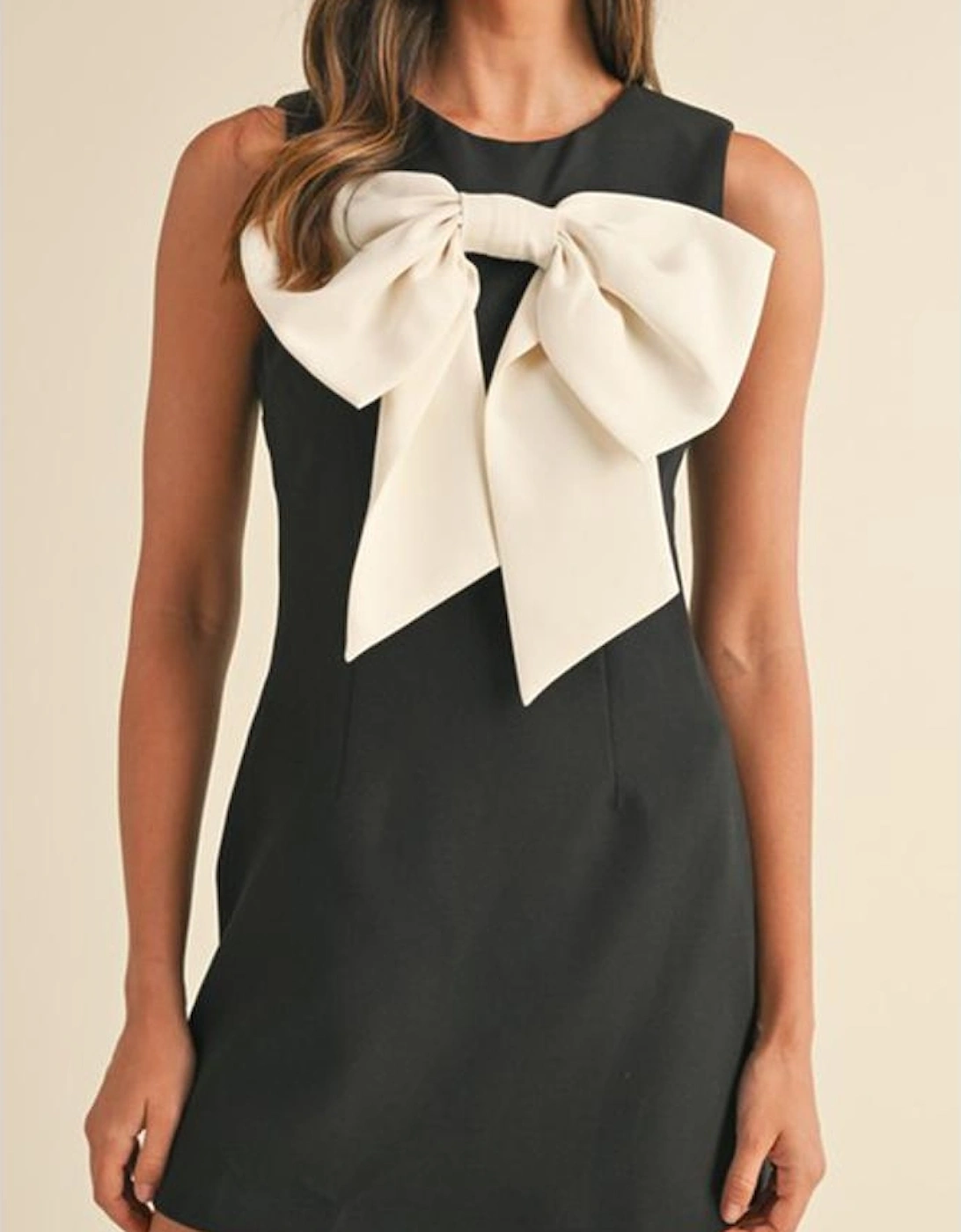 Black Contrast Bowknot Applique Crew Neck Sleeveless Mini Dress, 12 of 11