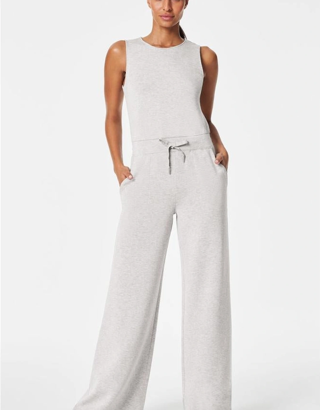 Light Grey Solid Color Crew Neck Drawstring High Waist Sleeveless Jumpsuit