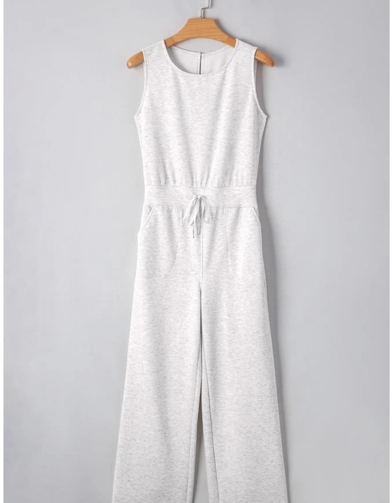 Light Grey Solid Color Crew Neck Drawstring High Waist Sleeveless Jumpsuit