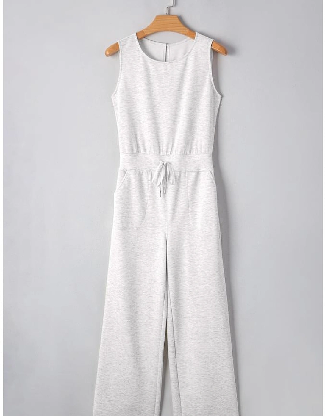 Light Grey Solid Color Crew Neck Drawstring High Waist Sleeveless Jumpsuit