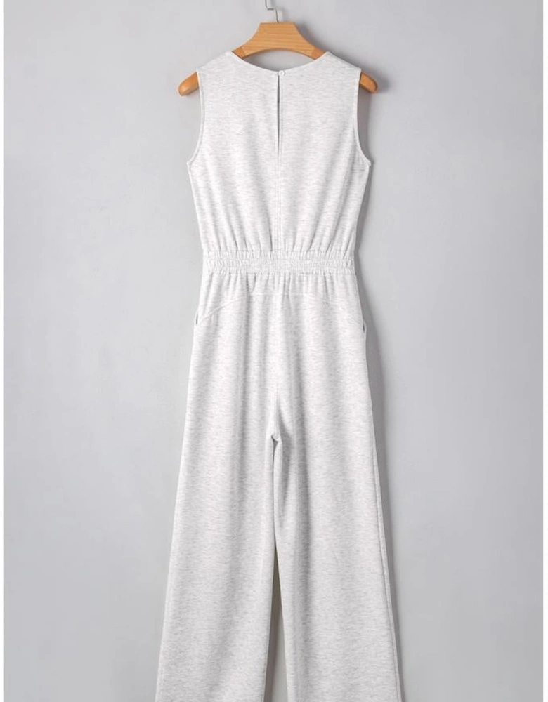 Light Grey Solid Color Crew Neck Drawstring High Waist Sleeveless Jumpsuit