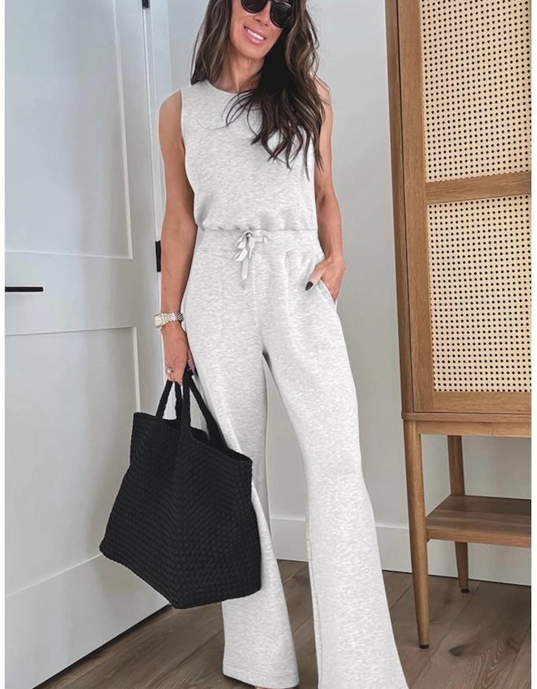 Light Grey Solid Color Crew Neck Drawstring High Waist Sleeveless Jumpsuit