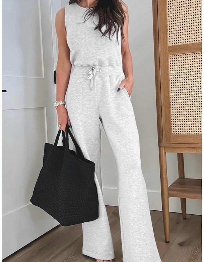 Light Grey Solid Color Crew Neck Drawstring High Waist Sleeveless Jumpsuit