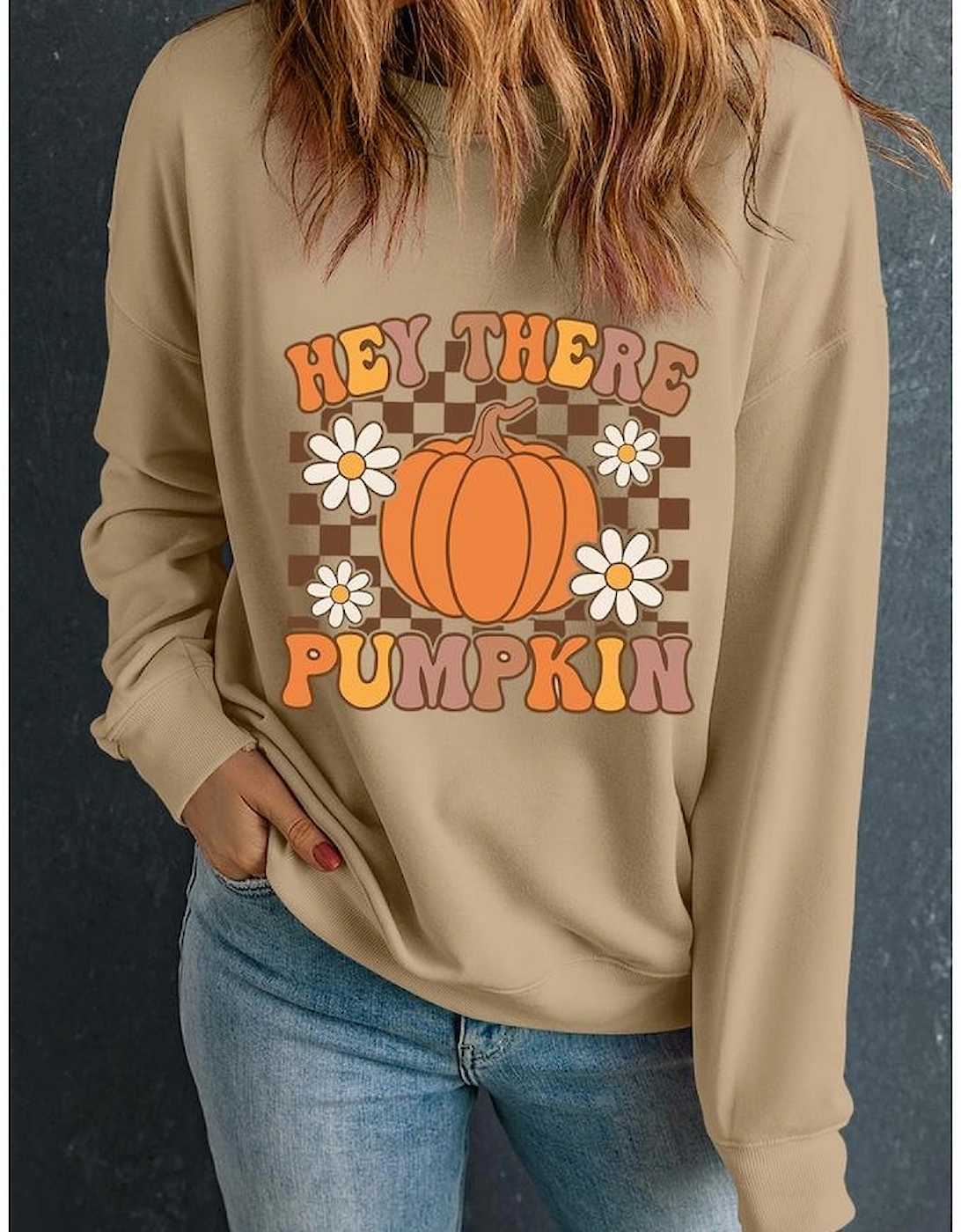 Khaki Floral Checkered Pumpkin Graphic Drop Shoulder Thanksgiving Sweatshirt