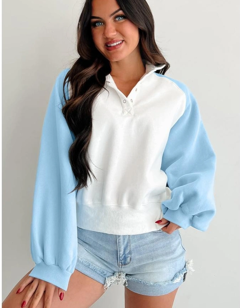 Beau Blue Colorblock Snap Buttons Pullover Sweatshirt