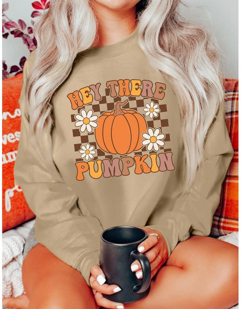 Khaki Floral Checkered Pumpkin Graphic Drop Shoulder Thanksgiving Sweatshirt