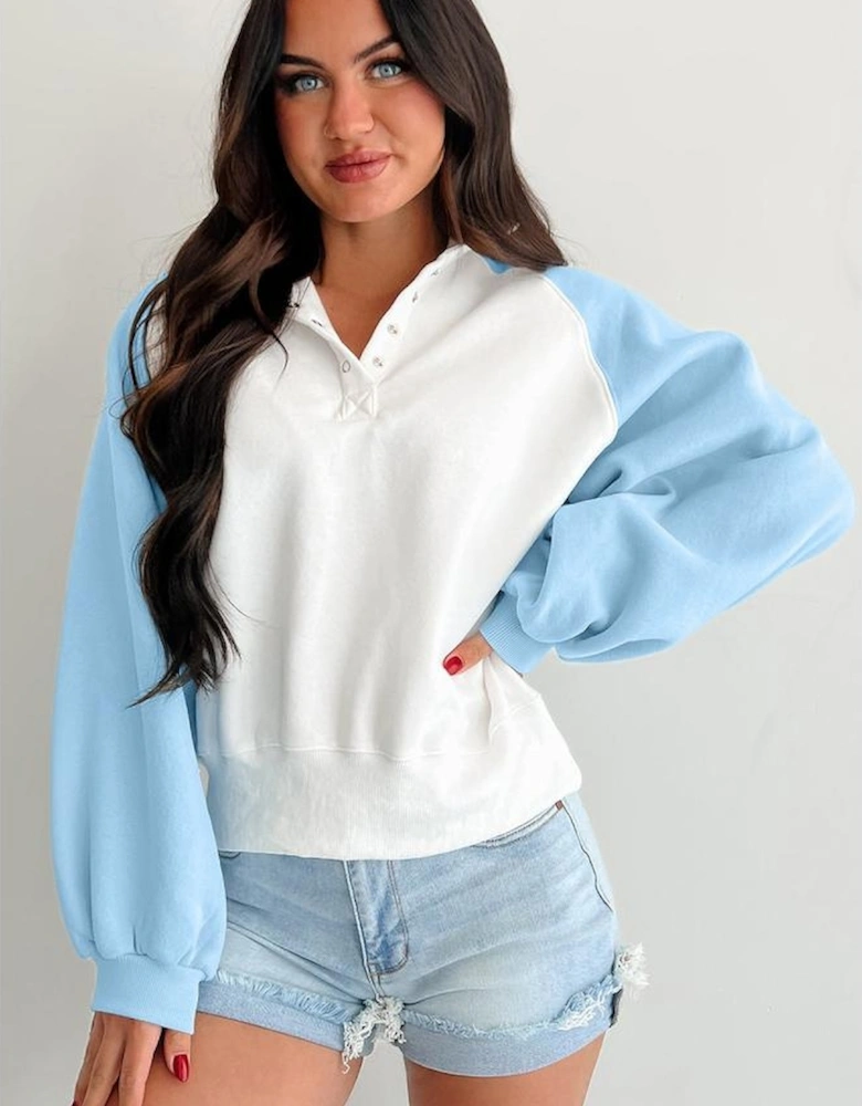 Beau Blue Colorblock Snap Buttons Pullover Sweatshirt