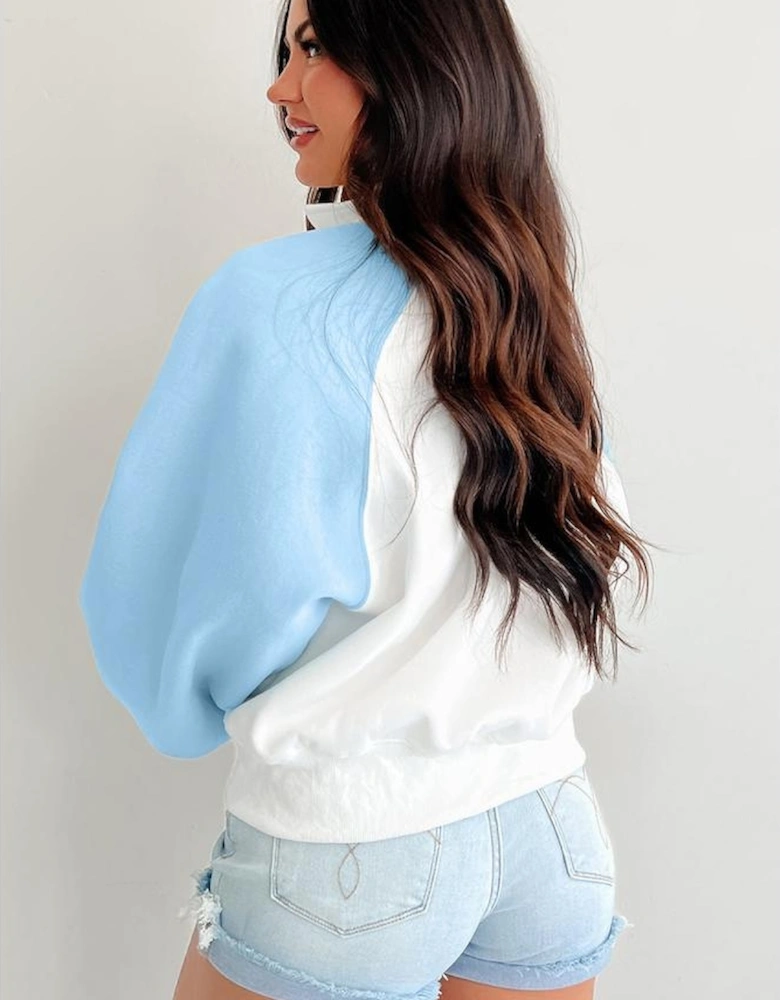 Beau Blue Colorblock Snap Buttons Pullover Sweatshirt