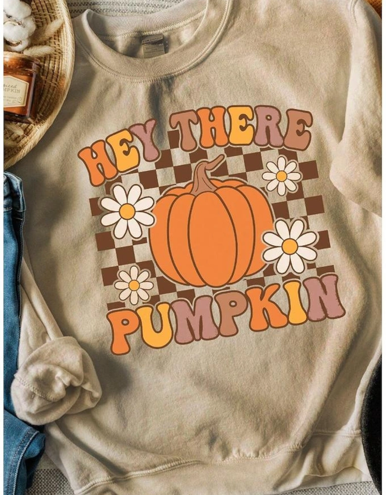 Khaki Floral Checkered Pumpkin Graphic Drop Shoulder Thanksgiving Sweatshirt