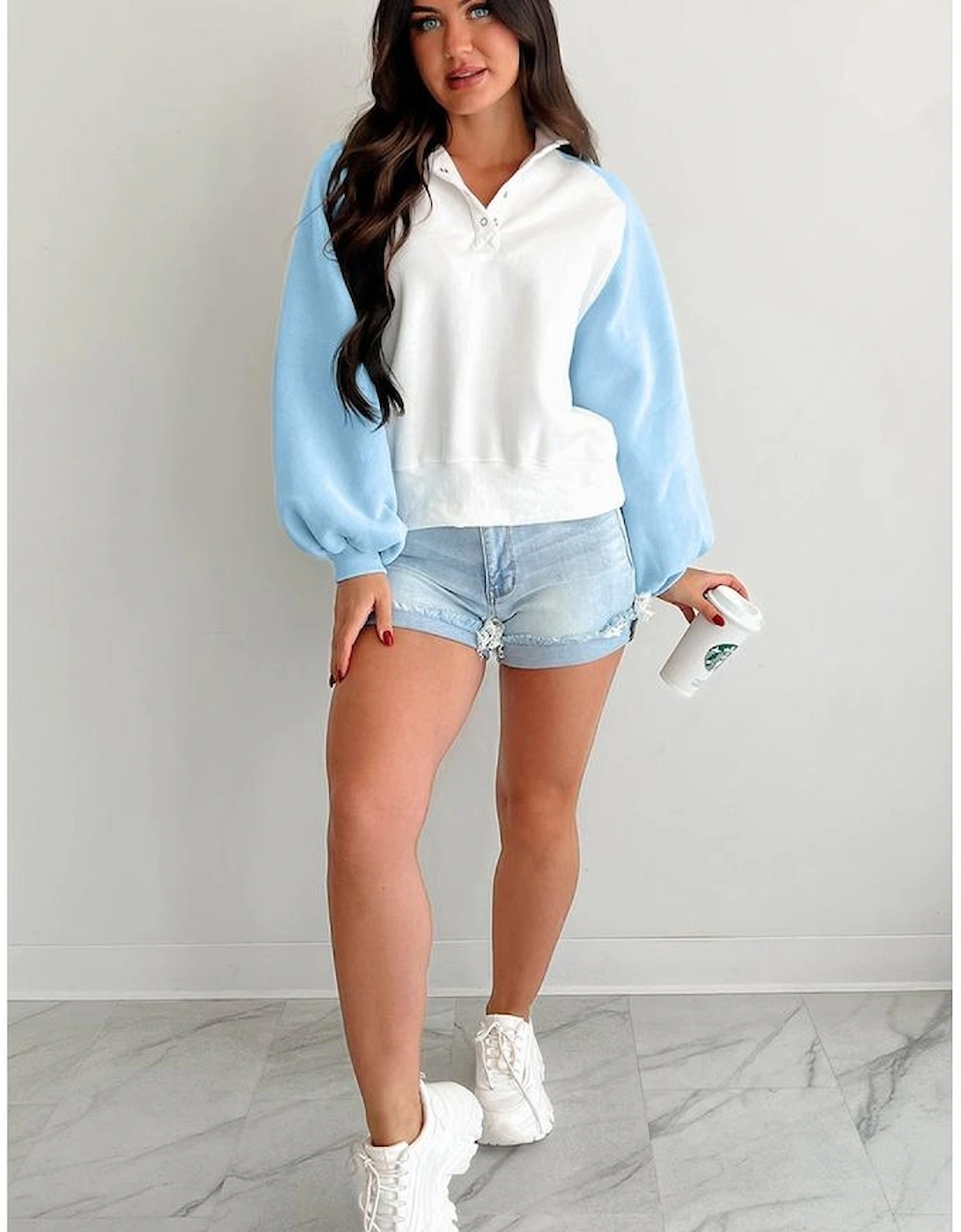Beau Blue Colorblock Snap Buttons Pullover Sweatshirt
